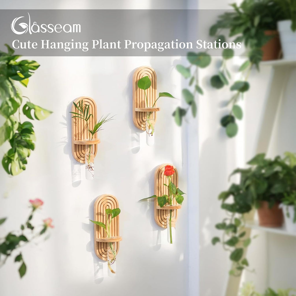 Glasseam Hanging Plant Propagation Stations: Rustic Wall Planter Set of 4 Planters for Indoor Plants Wood Plant Holder Decorative Glass Terrarium Test Tube Propogation Vase for Home Office Decor