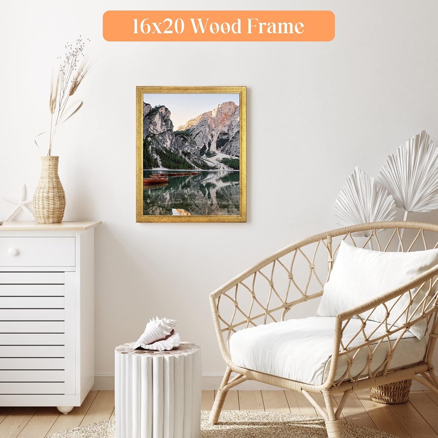 16x20 Wood Frame Gold, Ornate Natural 20x16in Picture Poster Frame, Modern Golden 16 x 20inch Gallery Wall Photo Frame with HD Plexiglass, Horizontal Vertical Wall Mounting Display 1pcs