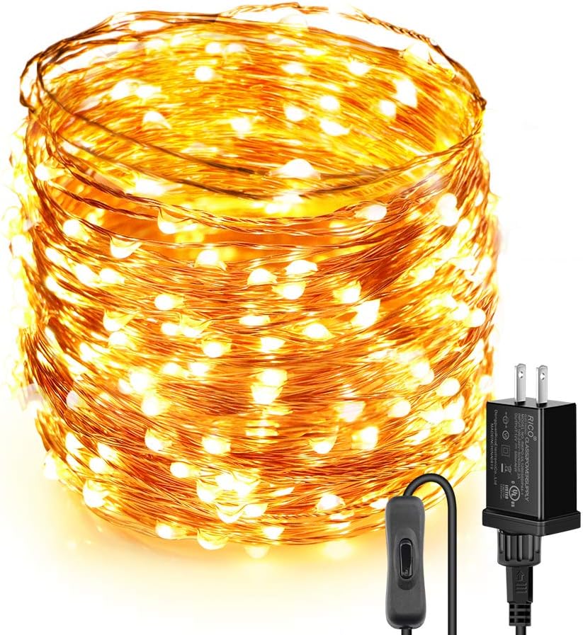 Moobibear LED String Lights 99ft UL Listed Plug in Fairy Lights 300 LED Warm White Waterproof Copper String Lights with ON/Off Switch for Bedroom Patio Birthday Wedding Valentines Day Decor