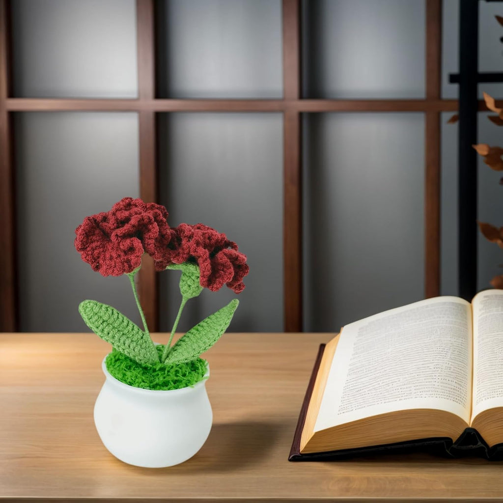 Crochet Flowers Cute Little Potted Flower, Birthday Gifts for Women, Mother's Day, Teacher’s Day, Graduation, Anniversary, Desk Decor, Home Office Decoration (Burgundy Carnation)