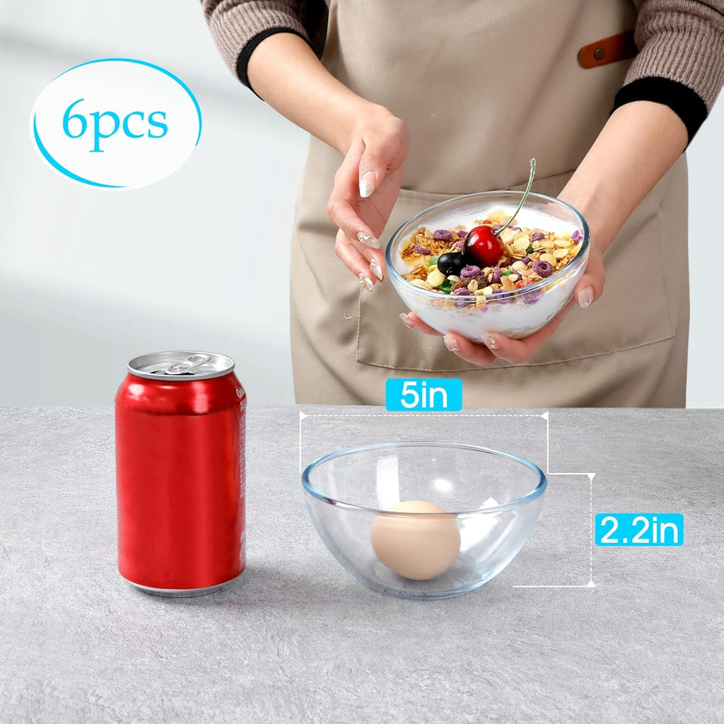 NUTRIUPS 5 Inch Mini Glass Bowls Set of 6, Tempered Glass Snack Bowls for Kitchen Microwave and Oven Safe