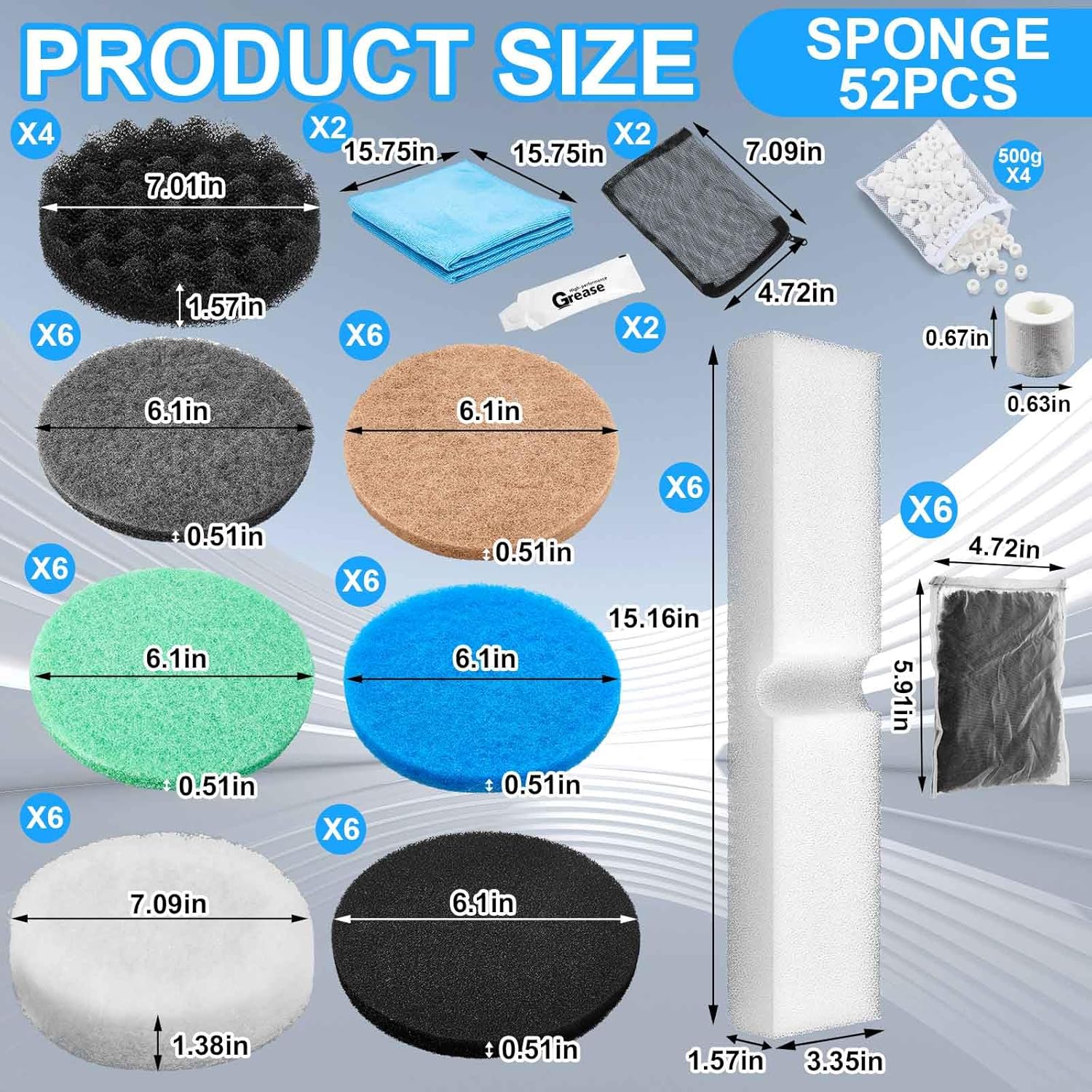 62 Pcs Compatible with Fluval Fx2/fx4/fx5/fx6 Replacement Filter Media, Carbon Pad, Bio-Sponge, Water Polishing Pad, Activated Carbon, Quick Clear Sponge, Nitrite/Phosphate/Ammonia Remover