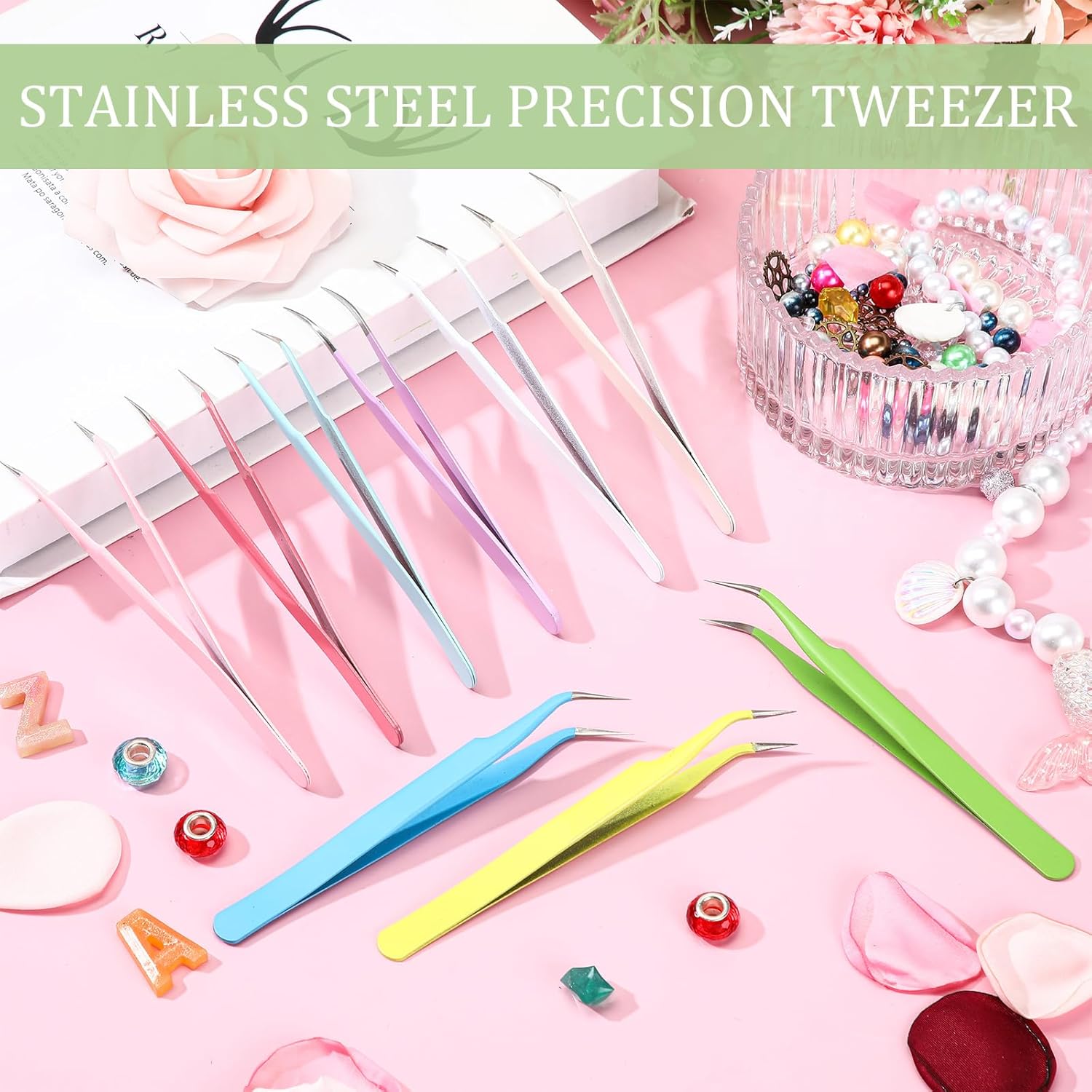 Honoson 9 Pieces Curved Pointed Craft Tweezers Stainless Steel Precision Tweezer with Protective Cover for Rhinestones Dried Flowers Craft Stickers Eyelash Extension Jewelry Making(Macaron Colors)