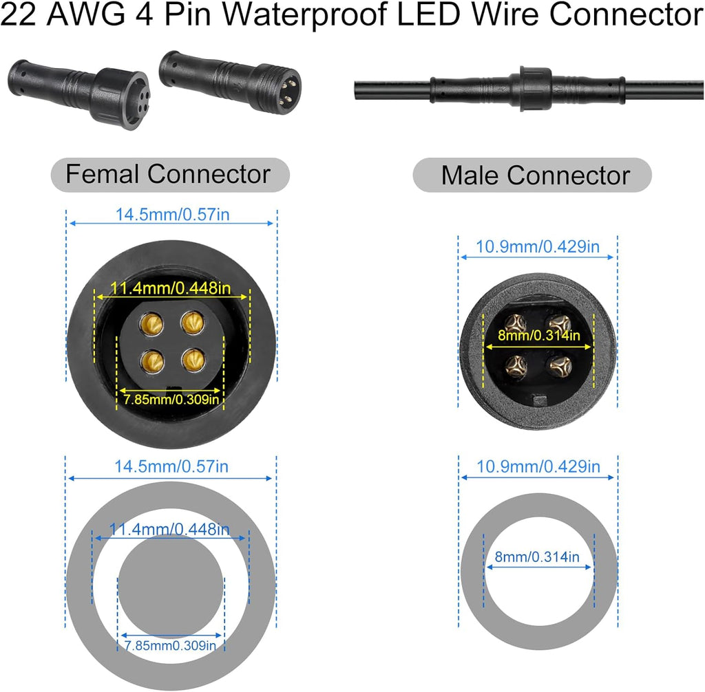 MAD OWL 4 Pin Waterproof LED Wire Connector, 22 AWG 236.2 inch/6M IP68 Male and Female Heads Extension Cable for Indoor and Outdoor LED Strip Light(1 Strip Black)