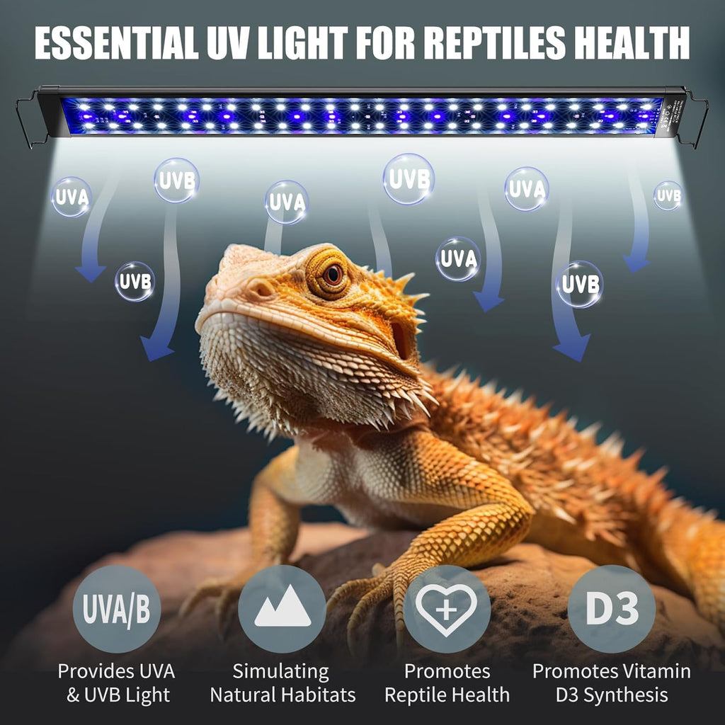 8-Inch LED UVA UVB Light for Reptiles with Controller, Full Spectrum UVA & UVB Reptile Light with Auto 24-Hour Cycle Timer & 10 Dimmable for Bearded Dragons, Turtles, Frogs, Snakes, Plants