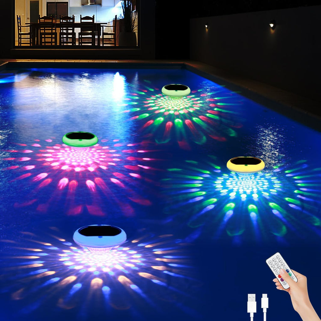 Solar Floating Pool Lights, 2600mAh USB Rechargeable Pool Lights That Float with Remote, 6.7’’ IP68 Waterproof Floating Light, 13 Colors Changing Upper and Lower Glow Hangable Solar Light for 4 PACK