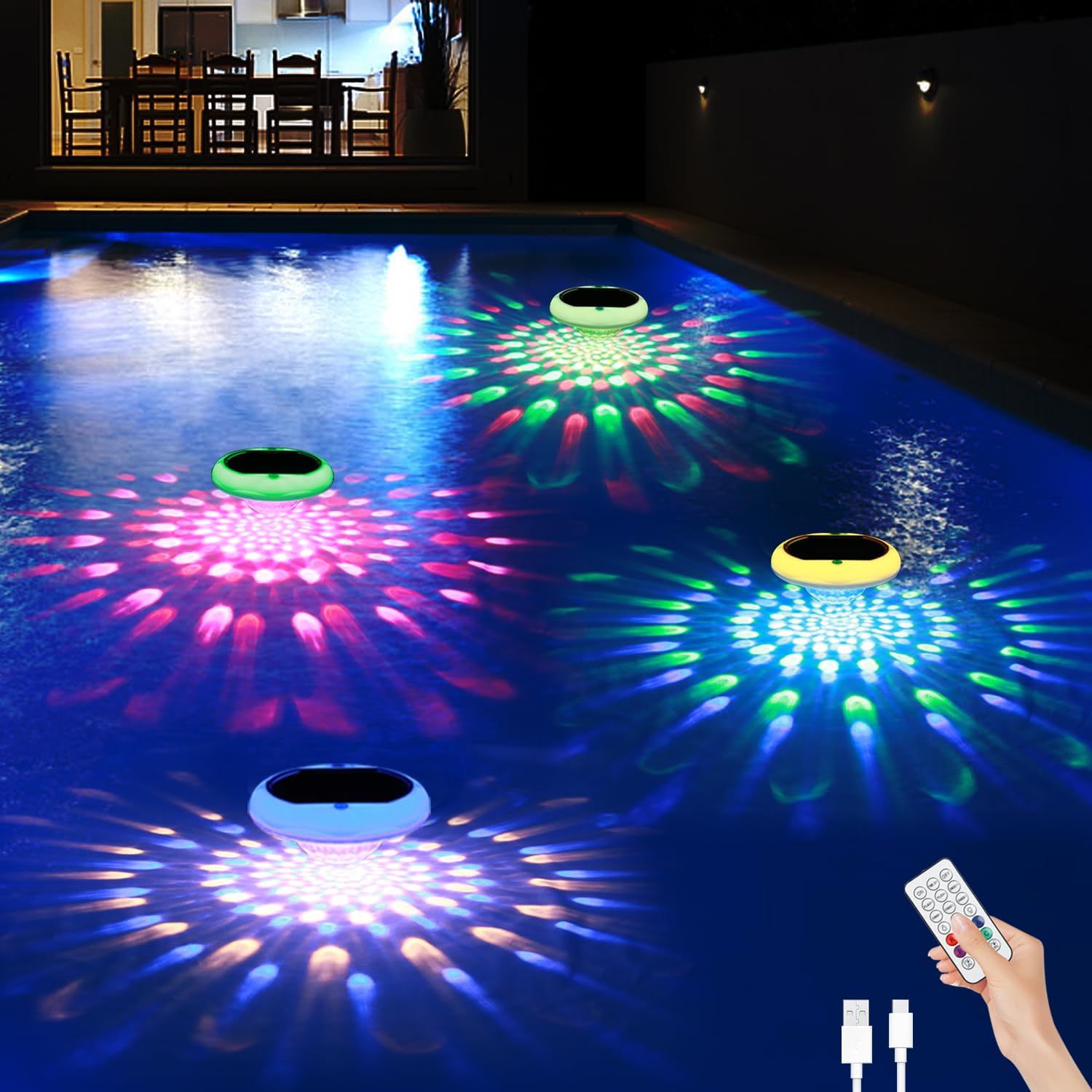 Solar Floating Pool Lights, 2600mAh USB Rechargeable Pool Lights That Float with Remote, 6.7’’ IP68 Waterproof Floating Light, 13 Colors Changing Upper and Lower Glow Hangable Solar Light for 4 PACK