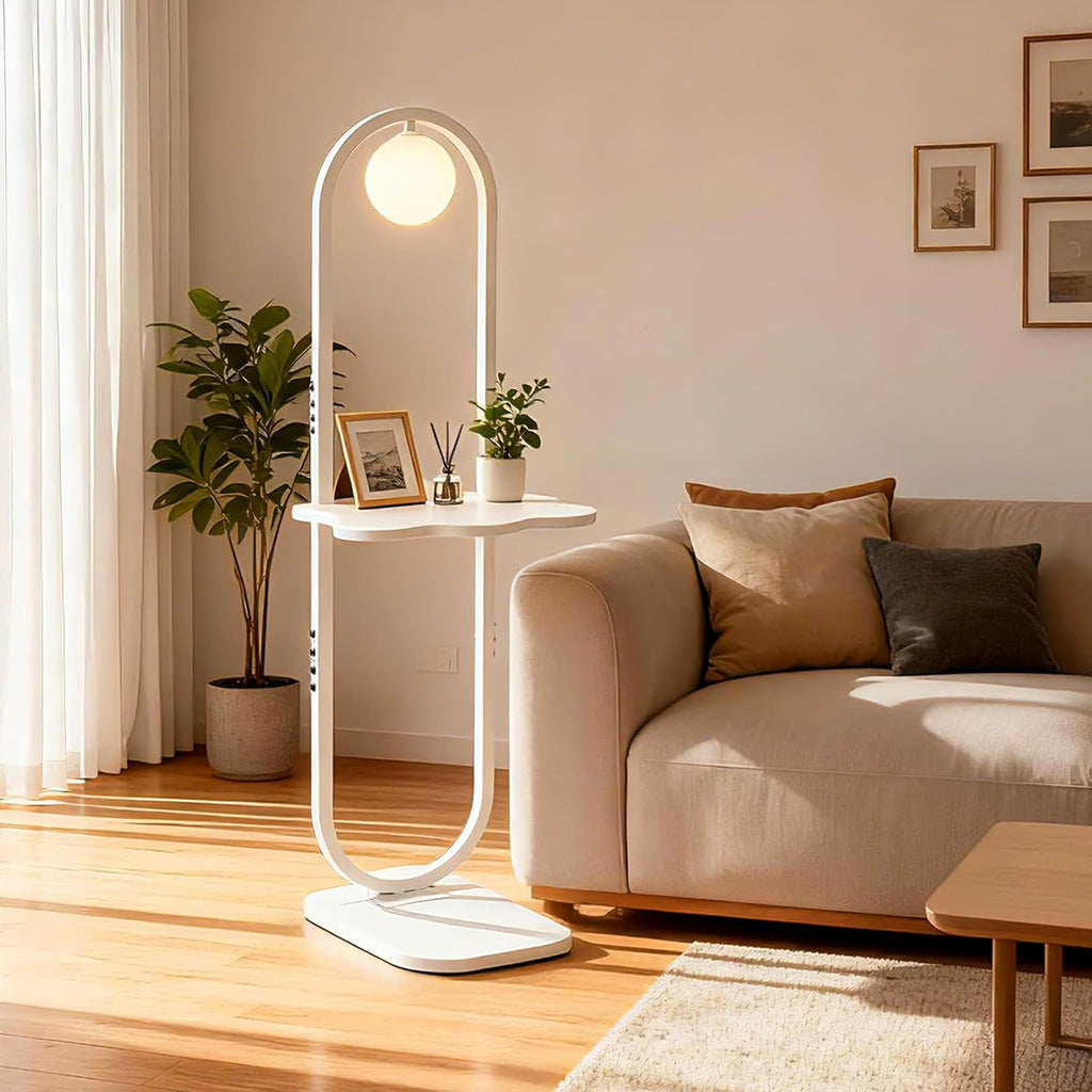 Lightdot 47-Inch Arch Floor Lamp, Modern Standing Lamp with Table, White Metal Frame with Globe Shade, Living Room Bedroom Lighting, G9 LED Bulb Included