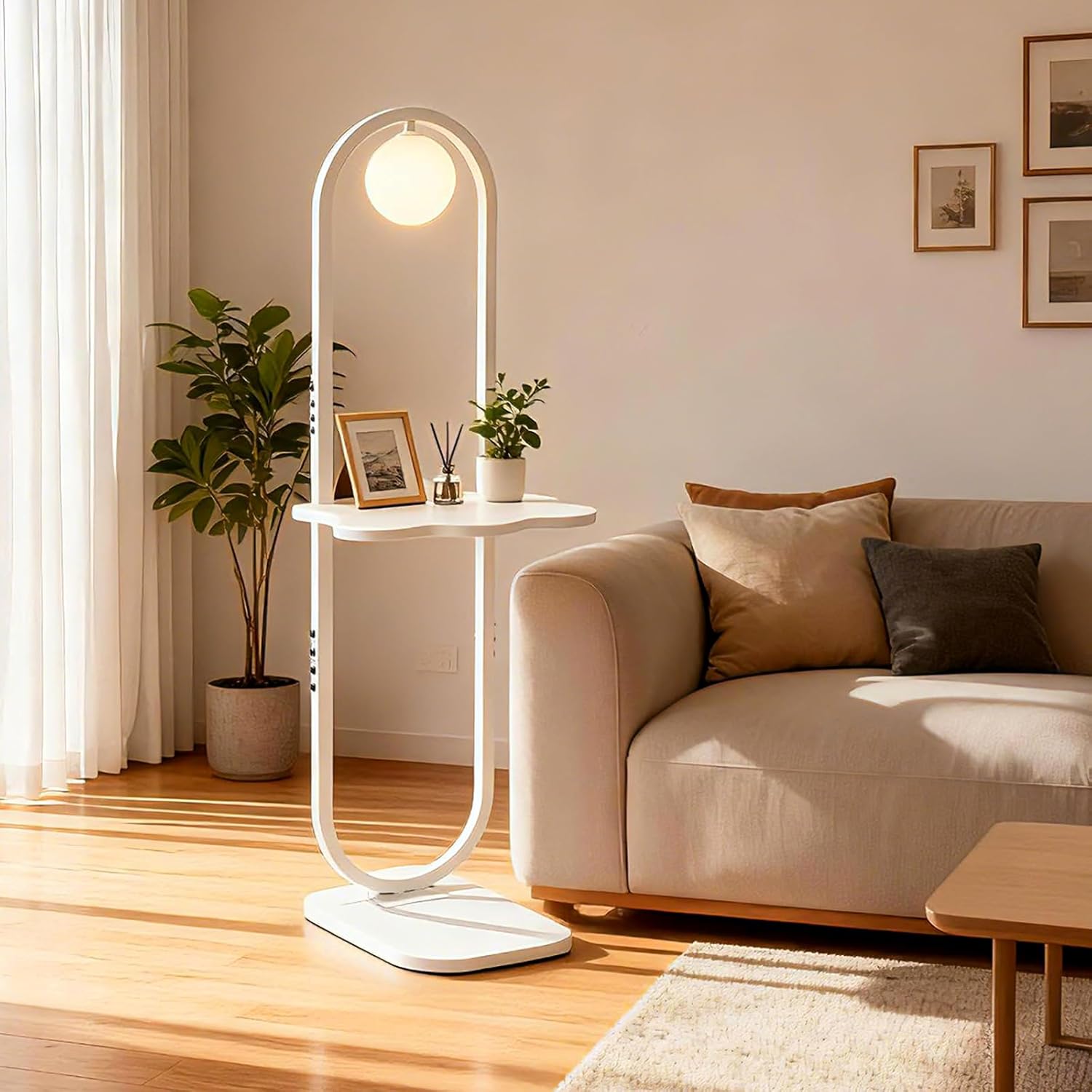 Lightdot 47-Inch Arch Floor Lamp, Modern Standing Lamp with Table, White Metal Frame with Globe Shade, Living Room Bedroom Lighting, G9 LED Bulb Included