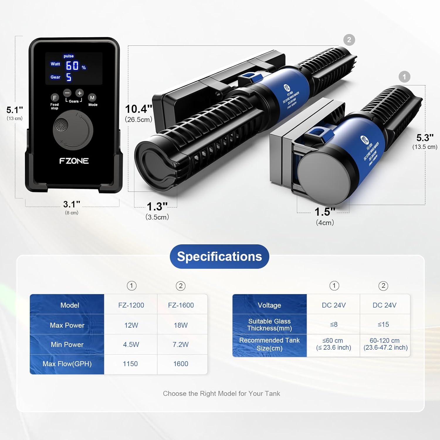 FZONE Nano Wave Maker for Aquarium, 24V DC Gyre Wavemaker with LCD Display Controller, Adjustable Cross Flow, Quiet Powerhead with Magnetic Mount for Saltwater & Freshwater Tanks (1150 GPH)