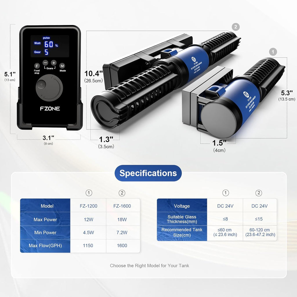 FZONE Wave Maker for Aquarium, 24V DC Gyre Wavemaker with LED Display Controller, Adjustable Cross Flow, Quiet Powerhead with Magnetic Mount for Saltwater & Freshwater Tanks (1600 GPH)