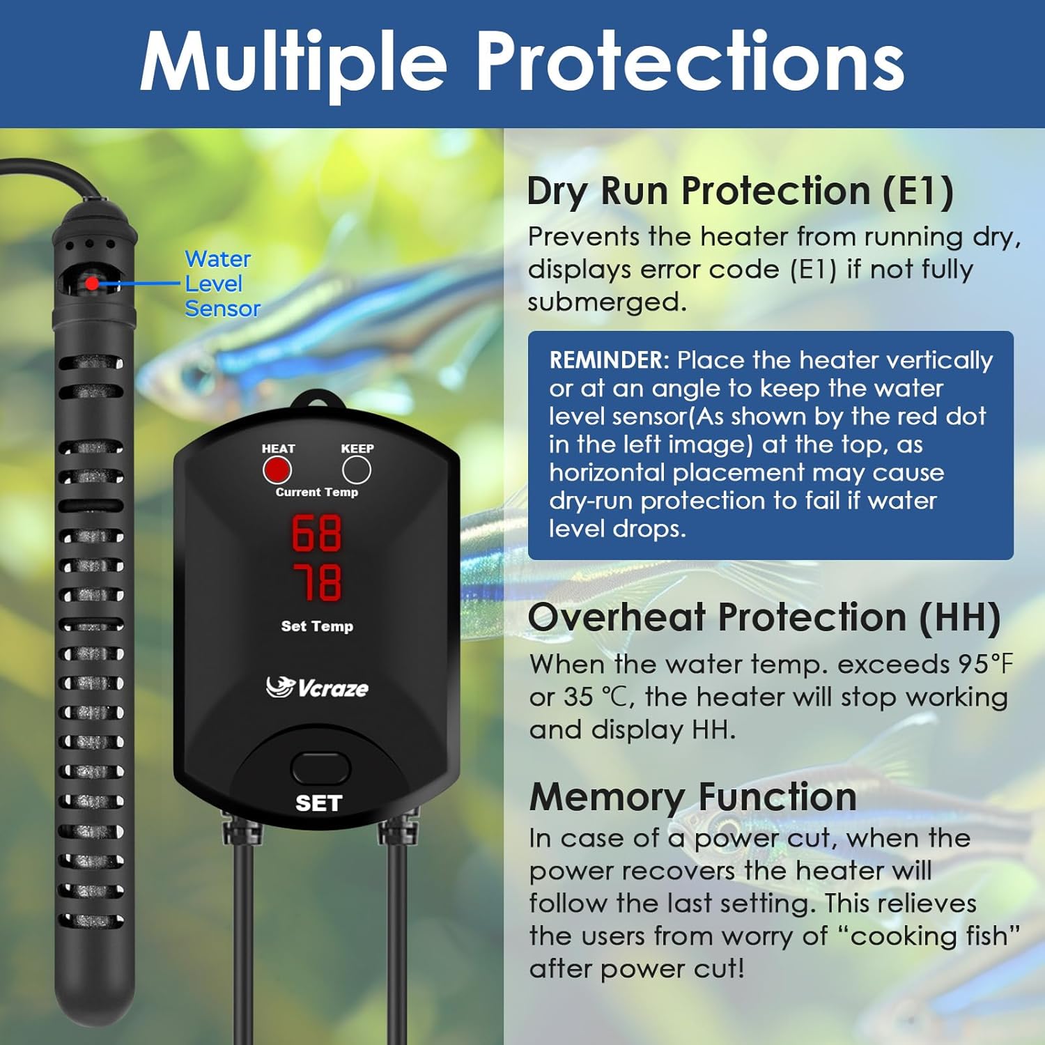 Aquarium Heater 300W Fish Tank Heater with External Thermostat (Dual Digital Display), Turtle Heater for Tanks 40-75 Gallons, Dry-Run/Overheating Protection and Memory Function
