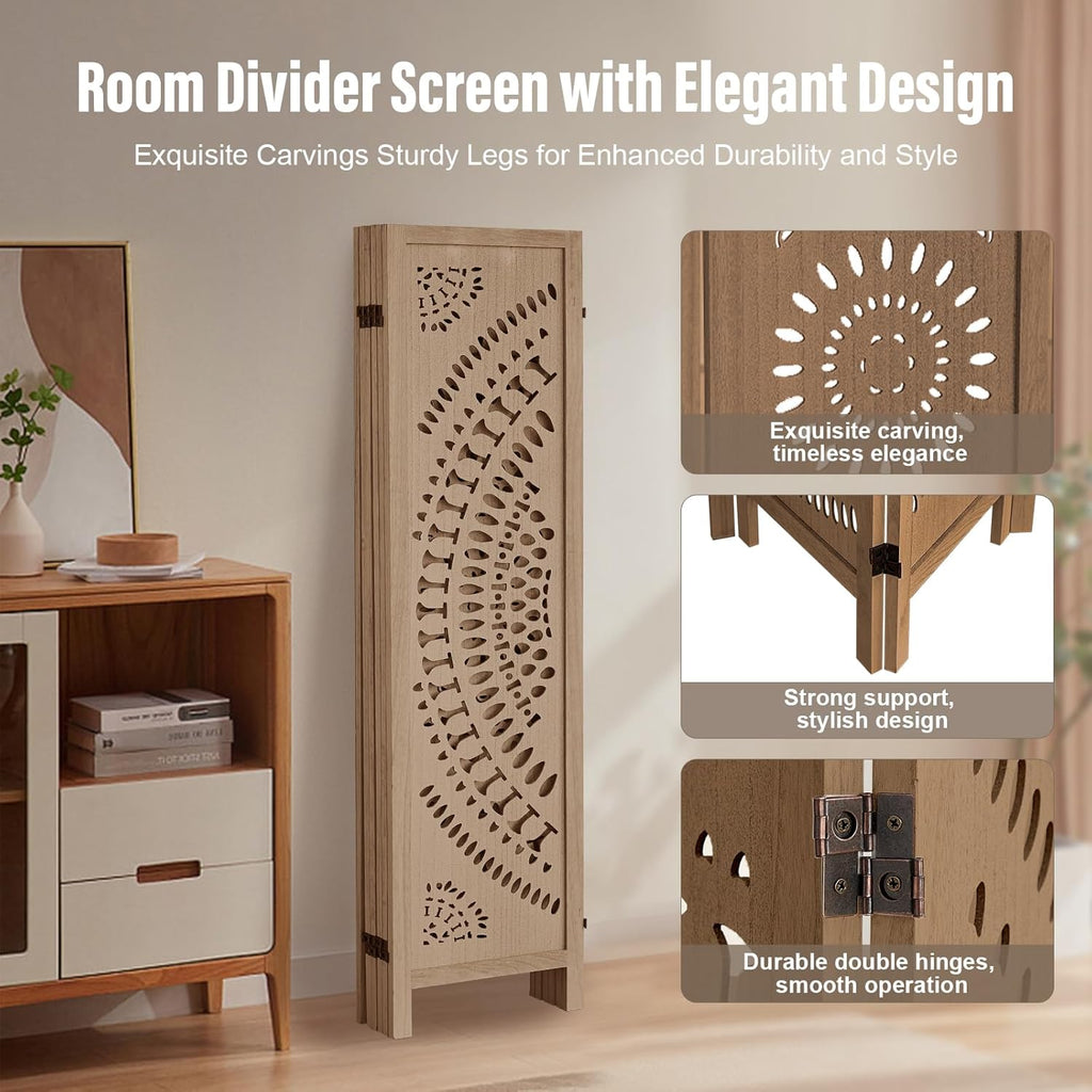 6 Panel Wood Room Divider Fully Assembled, Decorative Room Dividers and Folding Screens, 5.6Ft Room Divider Screen Freestanding Partition Wall Dividers for Home Bedroom Office, Brown
