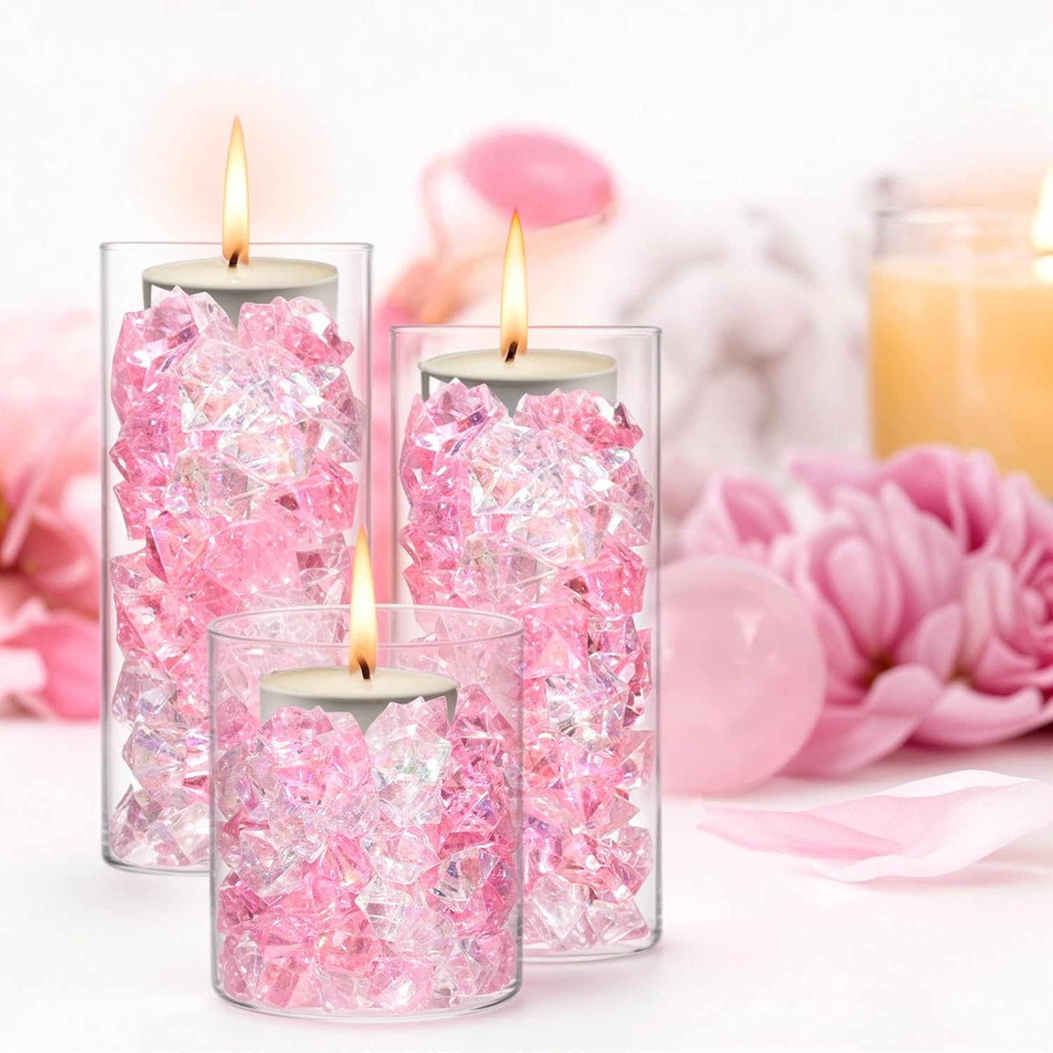DomeStar 150PCS Dazzling Fake Ice Rocks, Pink Holographic Acrylic Crushed Ice Sparkling Plastic Diamonds Gems for Vases Fillers Aquarium Rocks Party Table Scatter Wedding Decor