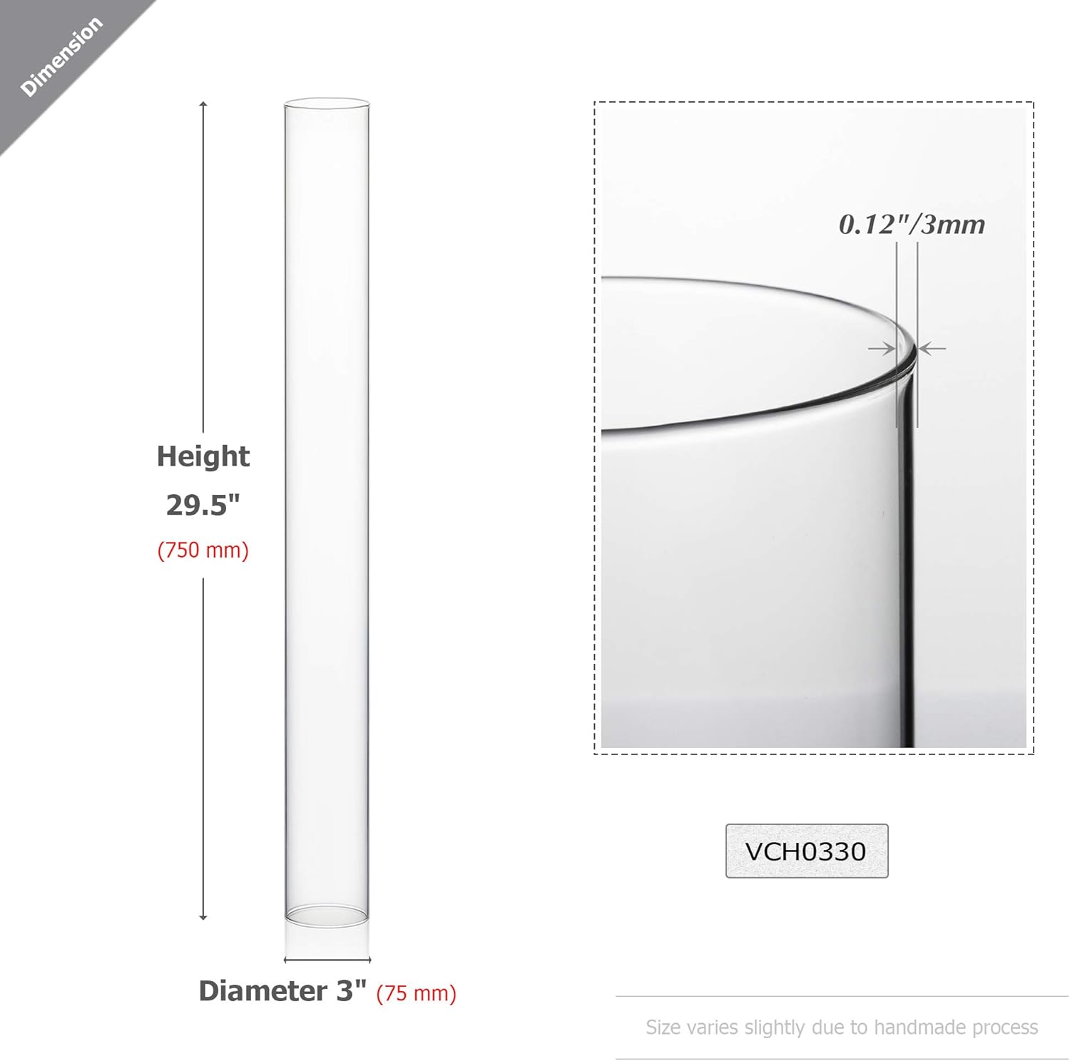 WGVI Hurricane Candle Holder Sleeve, Wide 3", Height 30", Clear Glass Cylinder Candleholder, Chimney Tube, Open Ended Candle Shade, 12 Pieces Bulk