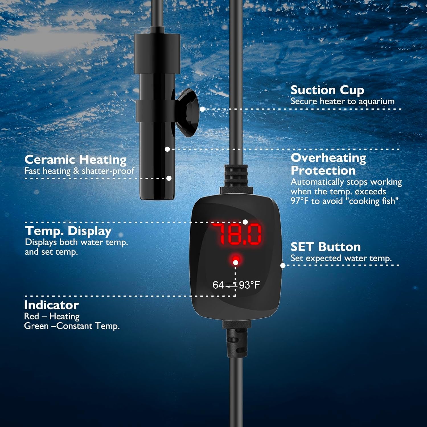 Super Mini Aquarium Heater USB 10W Alumina Ceramic Betta Heater Adjustable Submersible Fish Heater Small Fish Tank Heater Turtle Heater with Digital Display Thermostat, for 0-1 Gallon Tanks