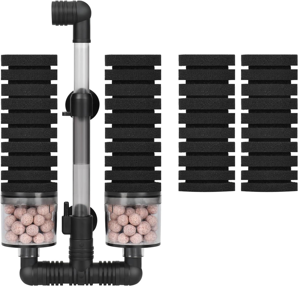 AQUANEAT Aquarium Air Powered Sponge Filter with Ceramic Media Balls, for Betta Fry Shrimp Fish Tank, with 2 Spare Sponges, up to 40Gal