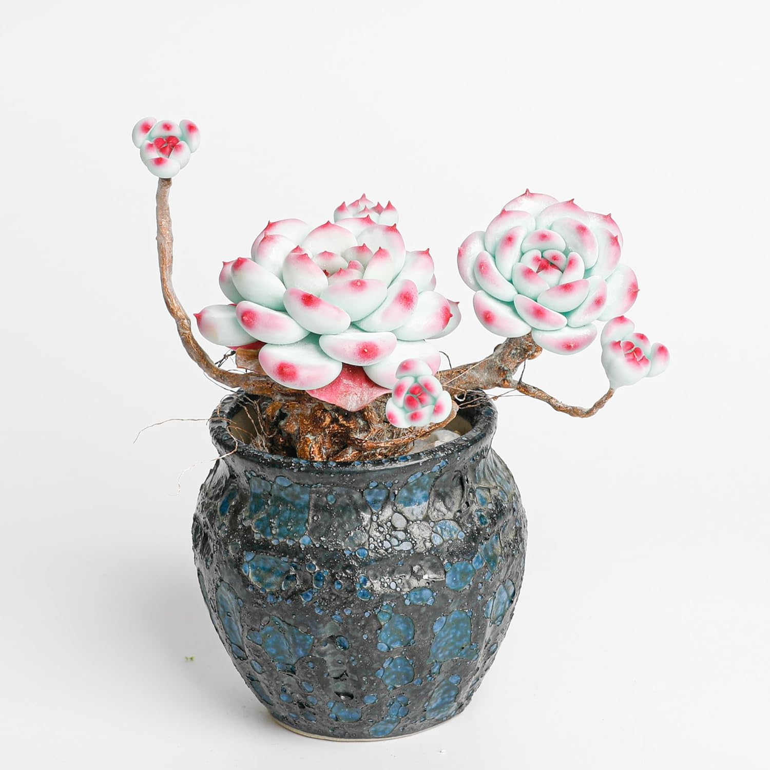 Galagaga Handcrafted Artificial Succulent Plant in Textured Ceramic Pot, Pink and Mint Green Clay Flowers, Maintenance-Free Home Decor (1, shape5)
