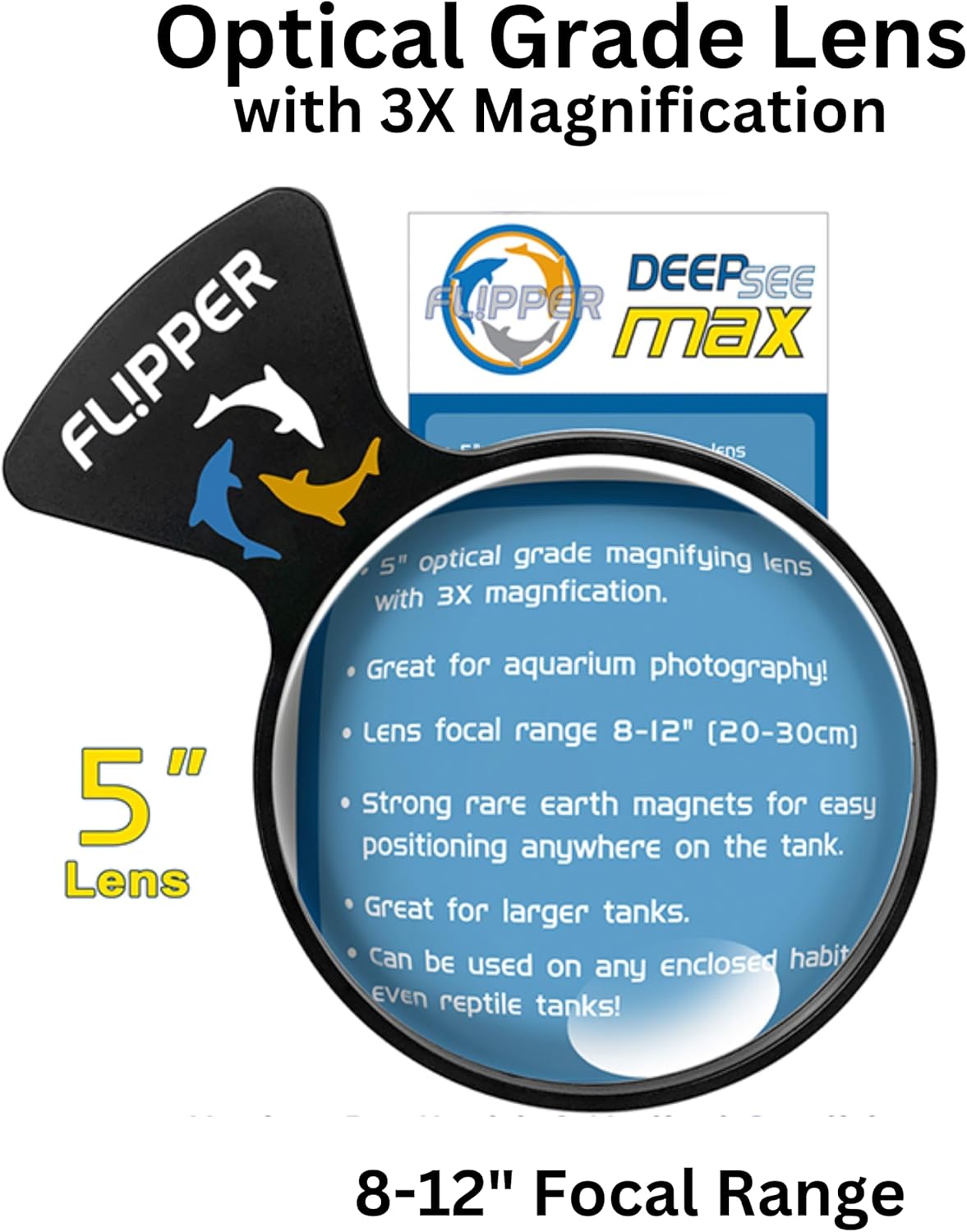 Flipper DeepSee 5" Magnetic Aquarium Viewer – Optical-Grade Magnifying Lens for Glass & Acrylic Tanks up to 5/8" Thick – Hands-Free Underwater Viewing for Fish, Corals & Aquarium Photography – Black