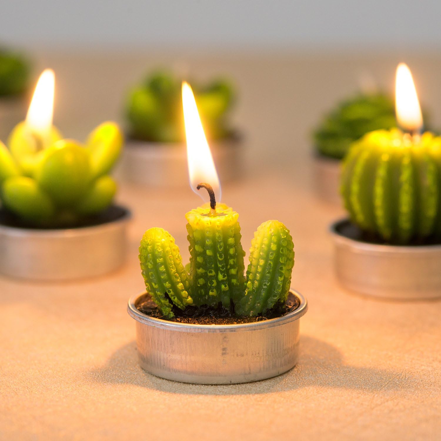 COCOMOON Cactus Tea Light Candles, 6 Pcs Decorative Candles with Artificial Succulents, Unscented, 30 min Burn Time, Modern Design, Perfect for Home Decor, Party, Wedding