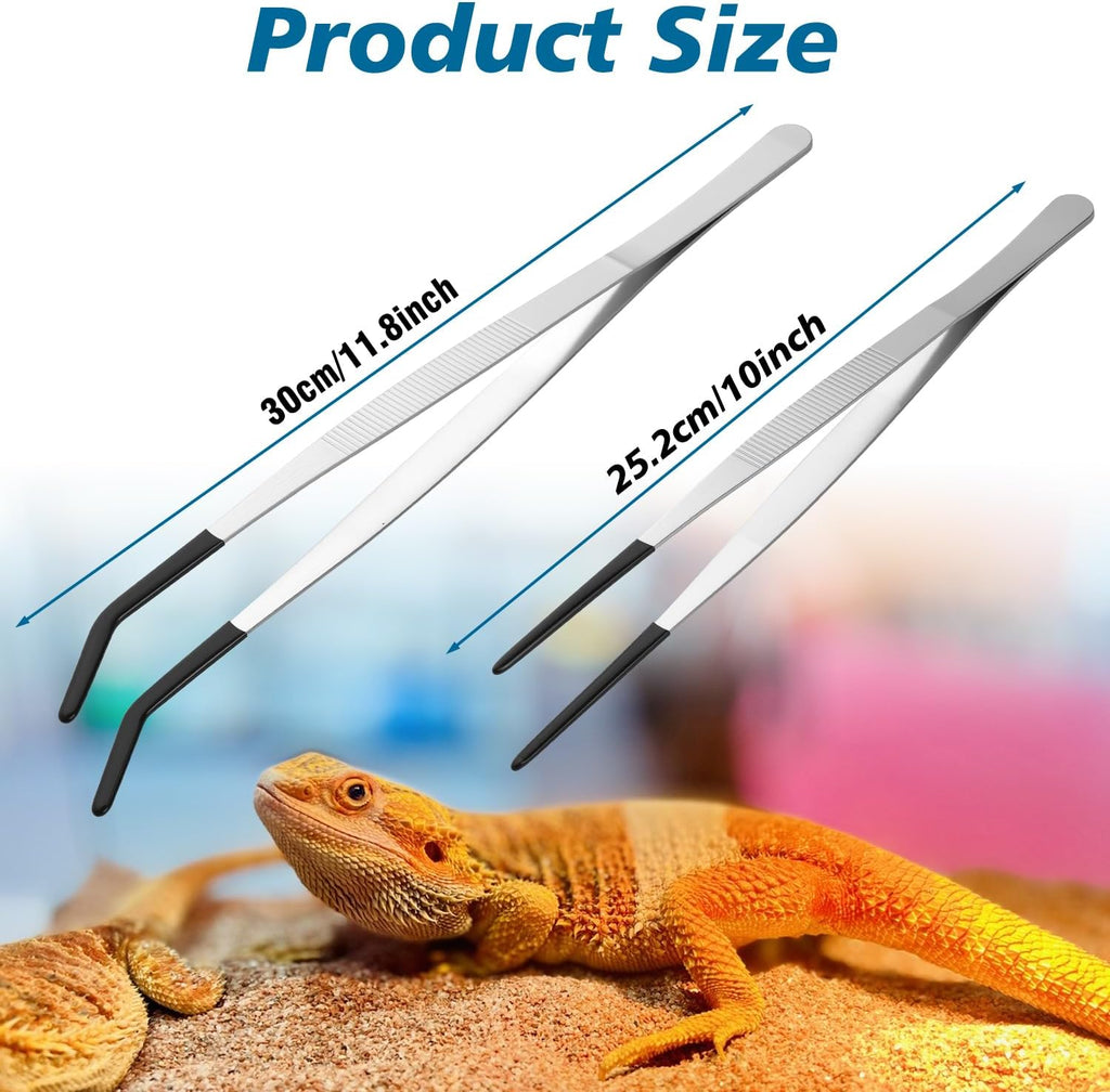 2-Pack Reptile Feeding Tongs with Soft Rubber Tips - 10" & 11.8" Extra Long Curved/Straight Aquarium Tweezers for Bearded Dragons, Snake Feeding & Terrarium Maintenance,Stainless Steel