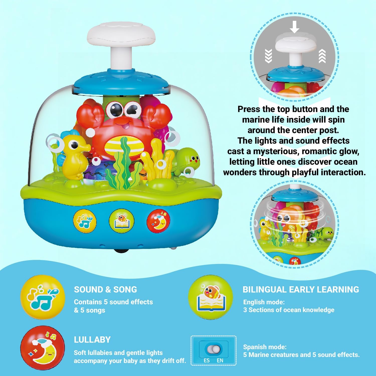 MoraBaby Baby Toys 6-12-18 Months, Press & Spin Aquarium Musical Light Up Toy | Bilingual Learning Educational Cause and Effect Toy for 1 Year Old Boy Girl, Christmas Birthday Gifts for 1-3 Year Old