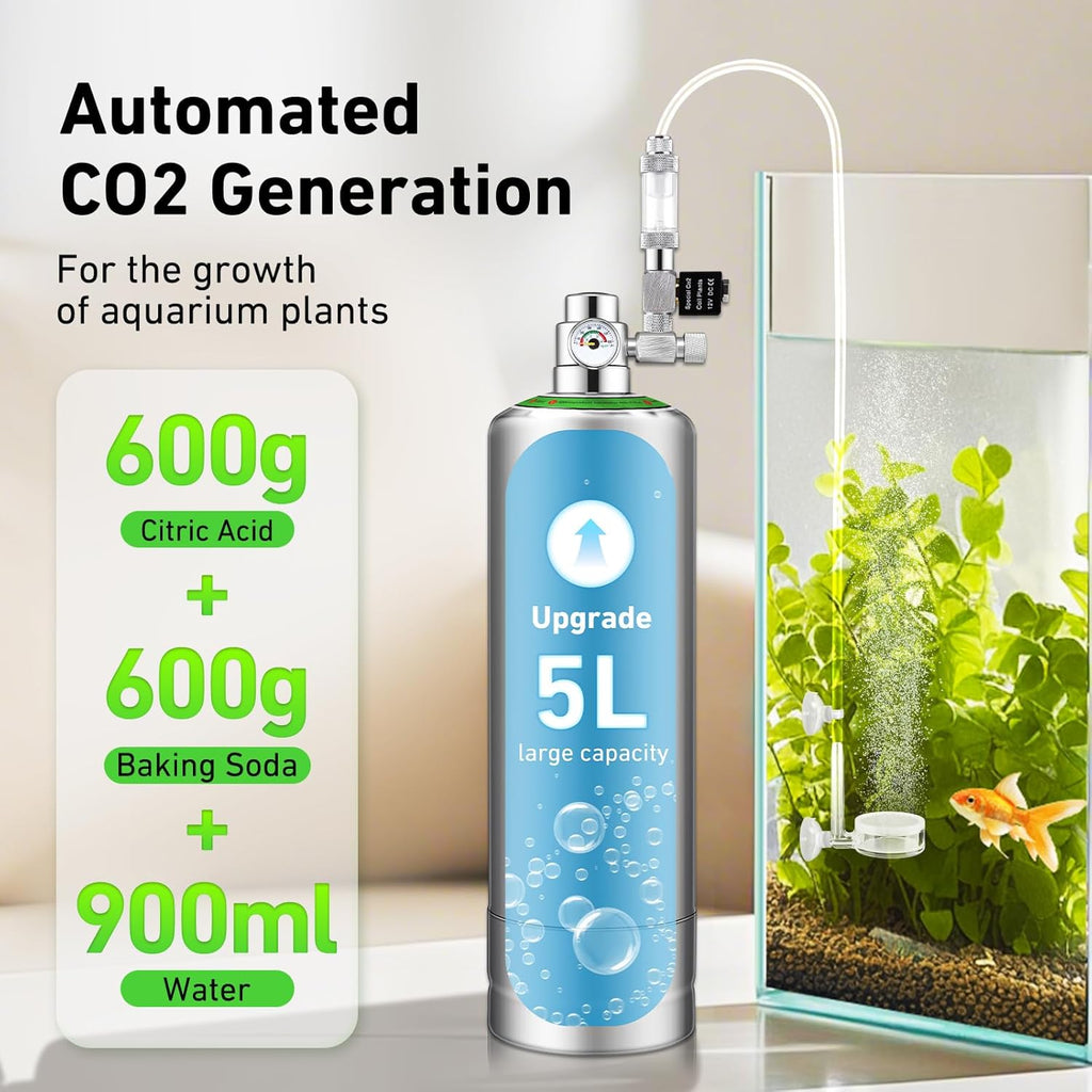 Pro 5L Aquarium CO2 Generator System, Complete Carbon Dioxide Reactor Kit with Regulator and Needle Valve for Aquarium Plants Tanks