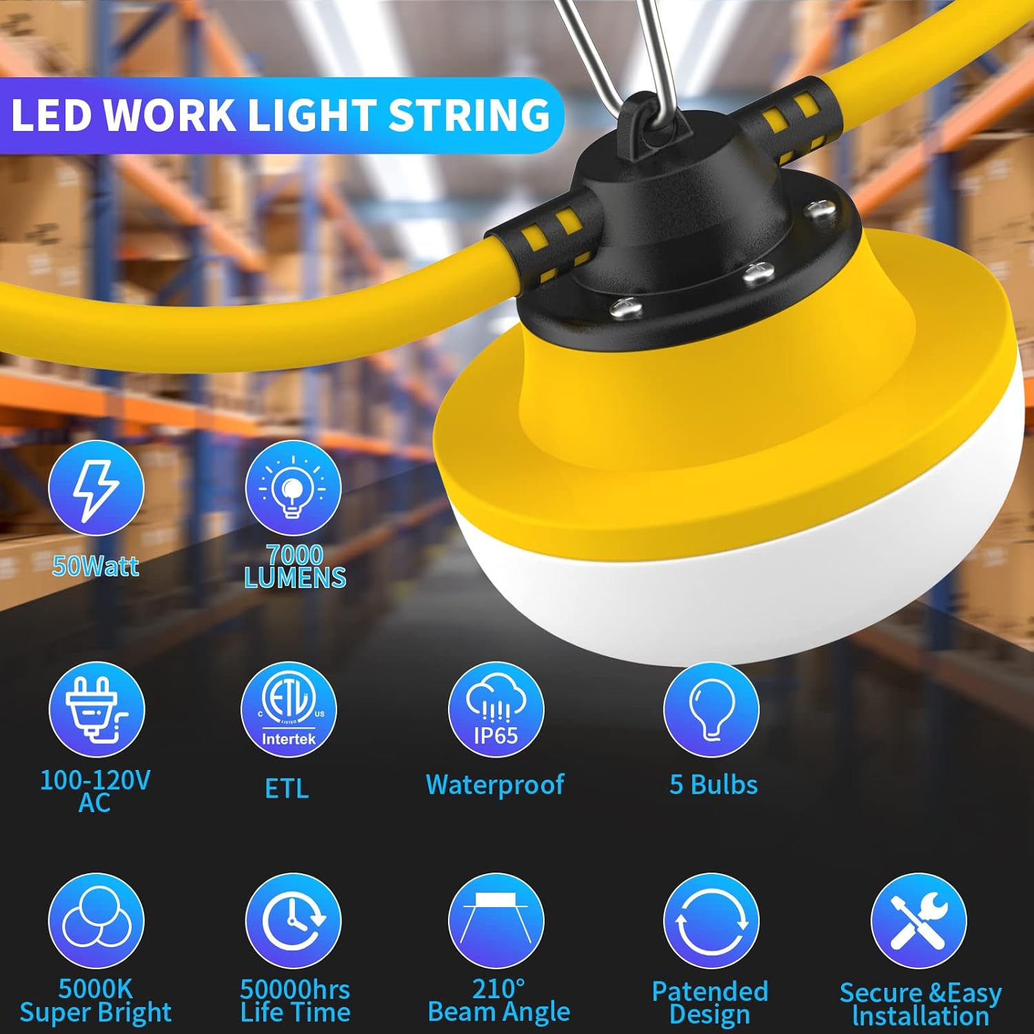 New Upgrade 50FT Construction String Lights LED Industrial Grade Best for Construction Sites,Renovation, Walkways,Patio,Mine cave,Outdoor Lighting Solutions Use,Free for Climbing Hook 2Prong