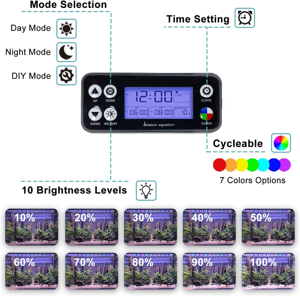 24/7 LED Aquarium Light, IP68 Waterproof Extendable Bracket Fish Tank Light with Timer, 7 Colors, 10 Level Adjustable Brightness, DIY Mode Full Spectrum Aquarium Plant Light for 48-54 Inch Fish Tank