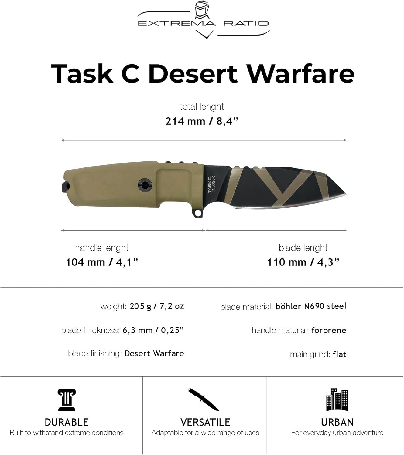 Extrema Ratio - Task C (Desert) Fixed Blade Knife, Böhler N690 Steel Blade Hardened to 58 HRC, Dark Stone-Washed Finish, Full-Tang Design, Ergonomic Forprene Handle, Precision Handcrafted in Italy, Durable and Reliable