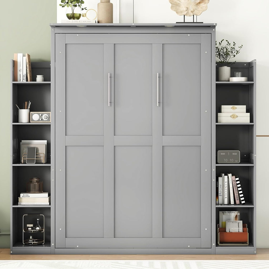 MERITLINE Full Murphy Bed Kit with Storage 8 Shelves and LED Lights, Wood Murphy Bed Cabinet Murphy Bed in a Cabinet Grey Murphy Wall Bed Units Full Size, LP00069