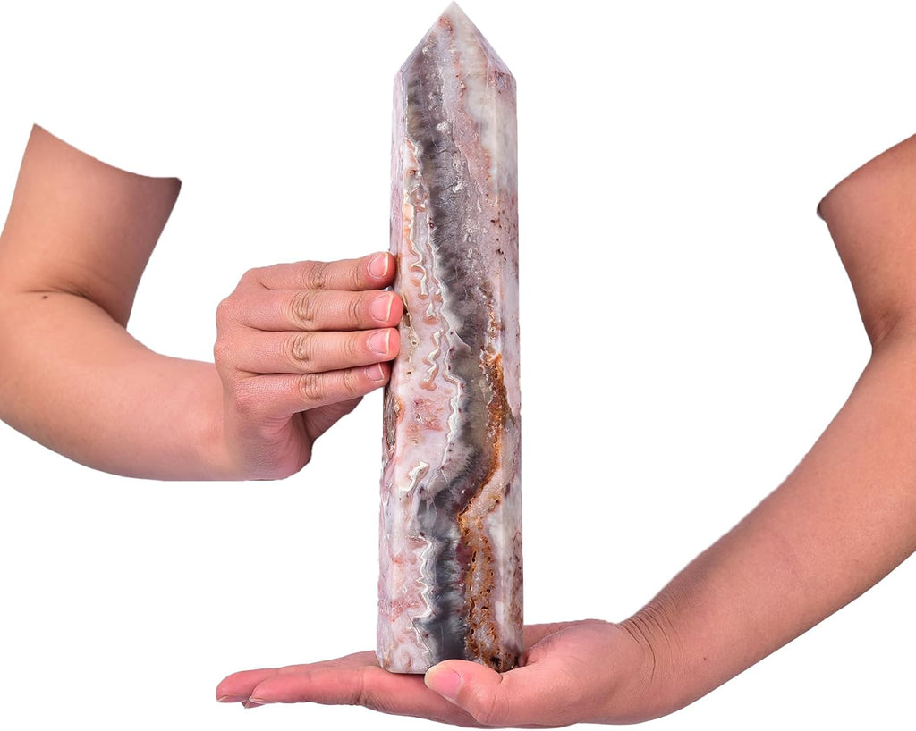 JIC Gem Large Striped Agate Crystal Obelisk Tower Stone Natural Gemstone Point 6 Faceted Chrysocolla Healing Crystal Wand Reiki Chakra Decor 3.0-3.5 Lbs