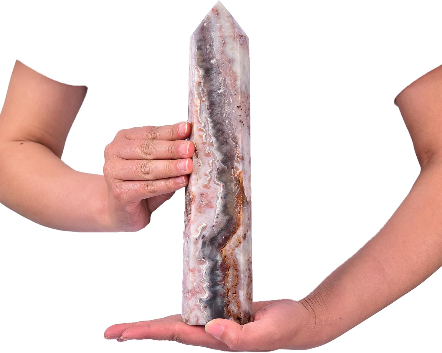 JIC Gem Large Striped Agate Crystal Obelisk Tower Stone Natural Gemstone Point 6 Faceted Chrysocolla Healing Crystal Wand Reiki Chakra Decor 3.0-3.5 Lbs