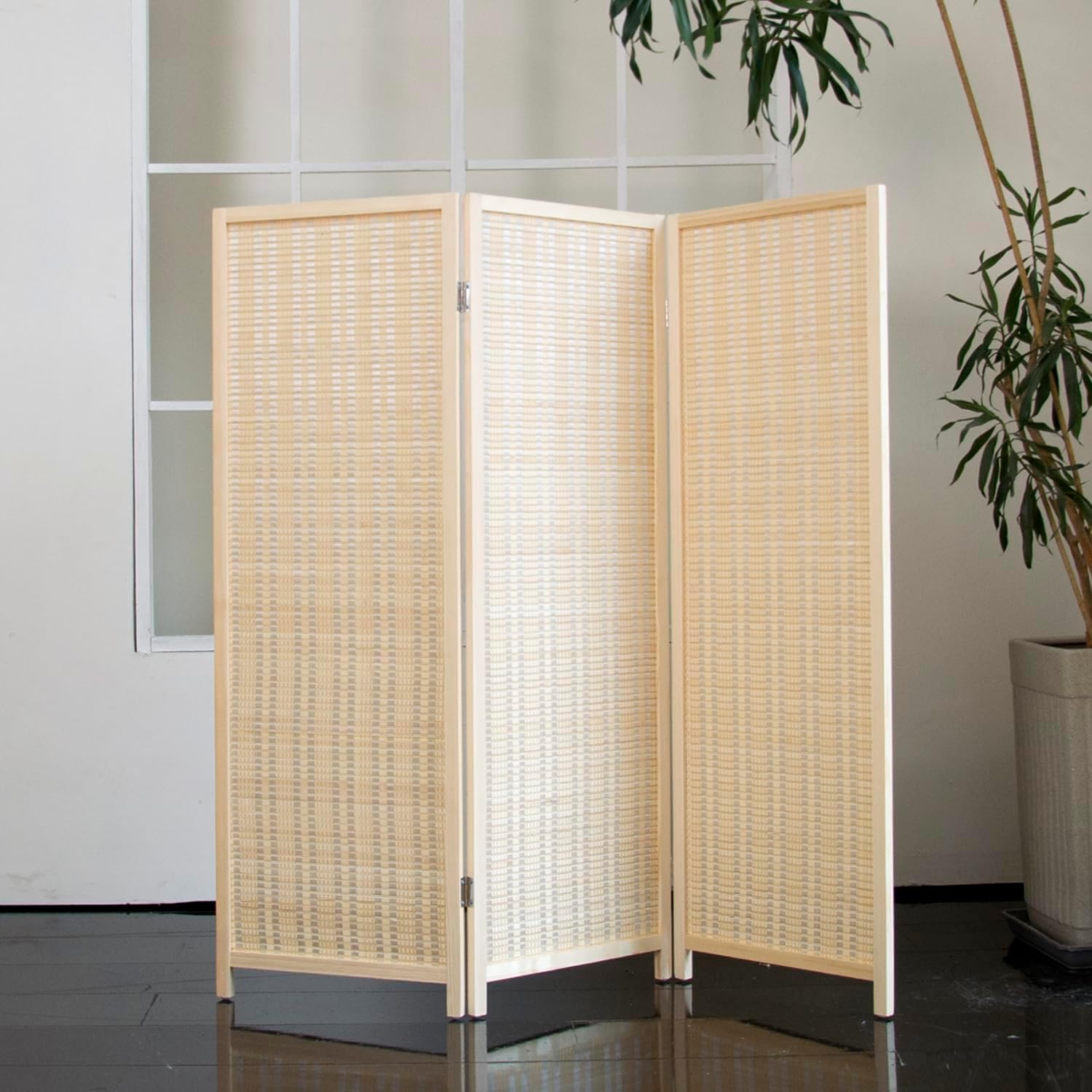 3 Panel Short Room Divider Folding Screen,47 inch Bamboo Panel Divider for Home Partition,Beige