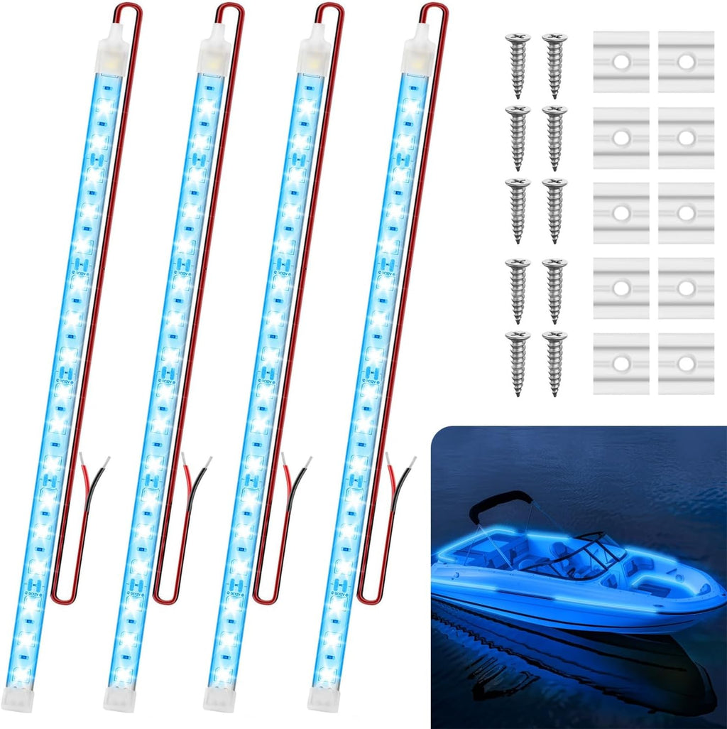 Boat Marine Submersible Led Strip Lights, 4 Pcs 12 Inches 12V Super Bright Boat Interior Lights, IP68 Waterproof Marine Led Strip Lights Night Fishing Lights for Boats, Kayak (Blue)