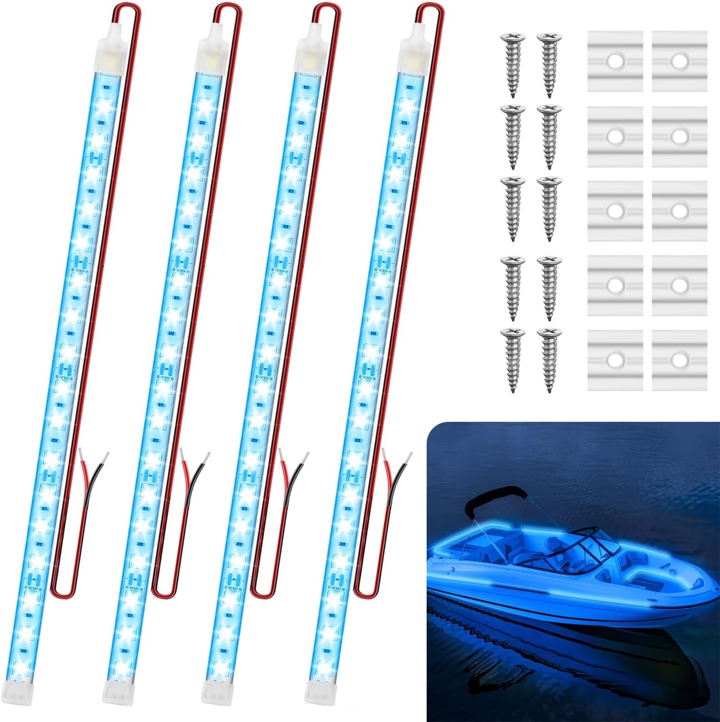 Boat Marine Submersible Led Strip Lights, 4 Pcs 12 Inches 12V Super Bright Boat Interior Lights, IP68 Waterproof Marine Led Strip Lights Night Fishing Lights for Boats, Kayak (Blue)