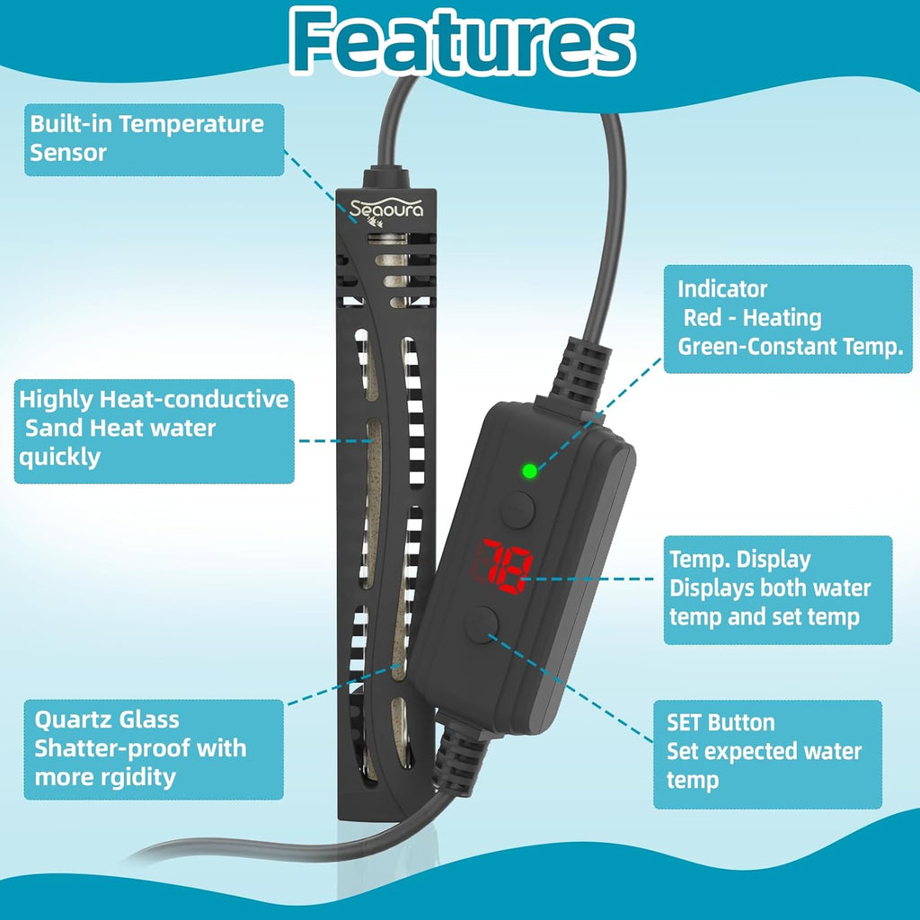 SEAOURA Small Aquarium Heater, 50W Mini Fish Tank Heater, Adjustable Submersible Aquarium Heater with External Digital Controller for Turtle, Betta, Freshwater, Saltwater, 5-15 Gallon