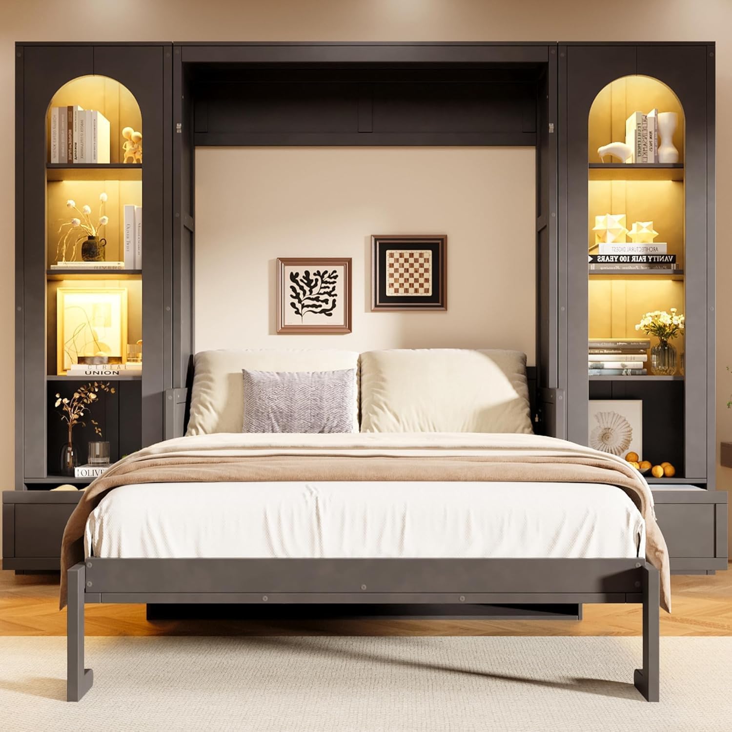 MERITLINE Queen Murphy Bed with Desk and Storage & LED Light, Solid Wood Hideaway Murphy Wall Bed with Storage Bookcase Shelves and Drawers for Adults