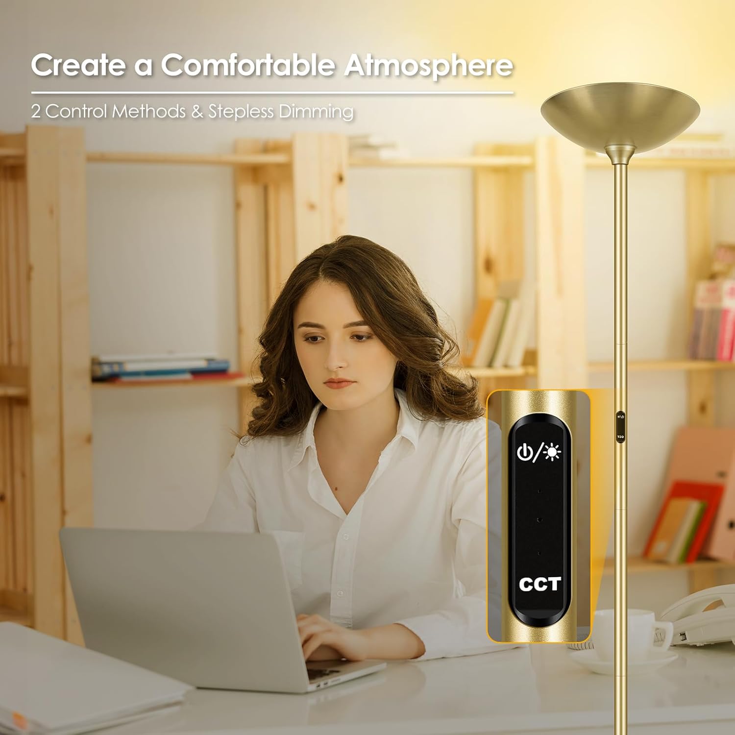 Stepless Dimmable Floor Lamp,30W 3000LM Super Bright LED Torchiere Floor Lamps with Remote & Touch Control,71 In Tall Modern Pole Standing Lamp for Living Room Bedroom Office,2700k-6500k,Golden