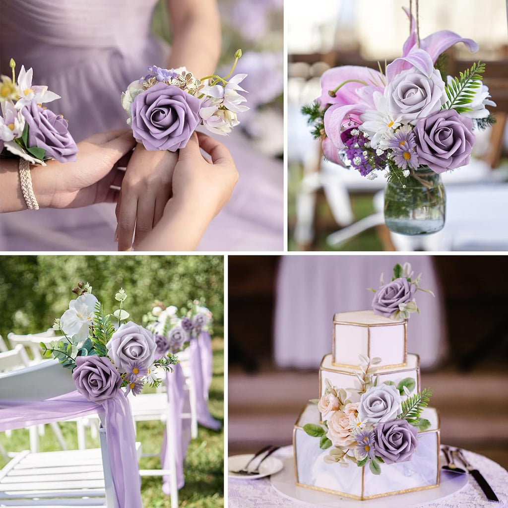 AmyHomie 25pcs Real Looking Artificial Pale Lavender Roses w/Stem for DIY Wedding Bouquets Centerpieces Arrangements Party Baby Shower Valentines Day Christmas Tree Decorations