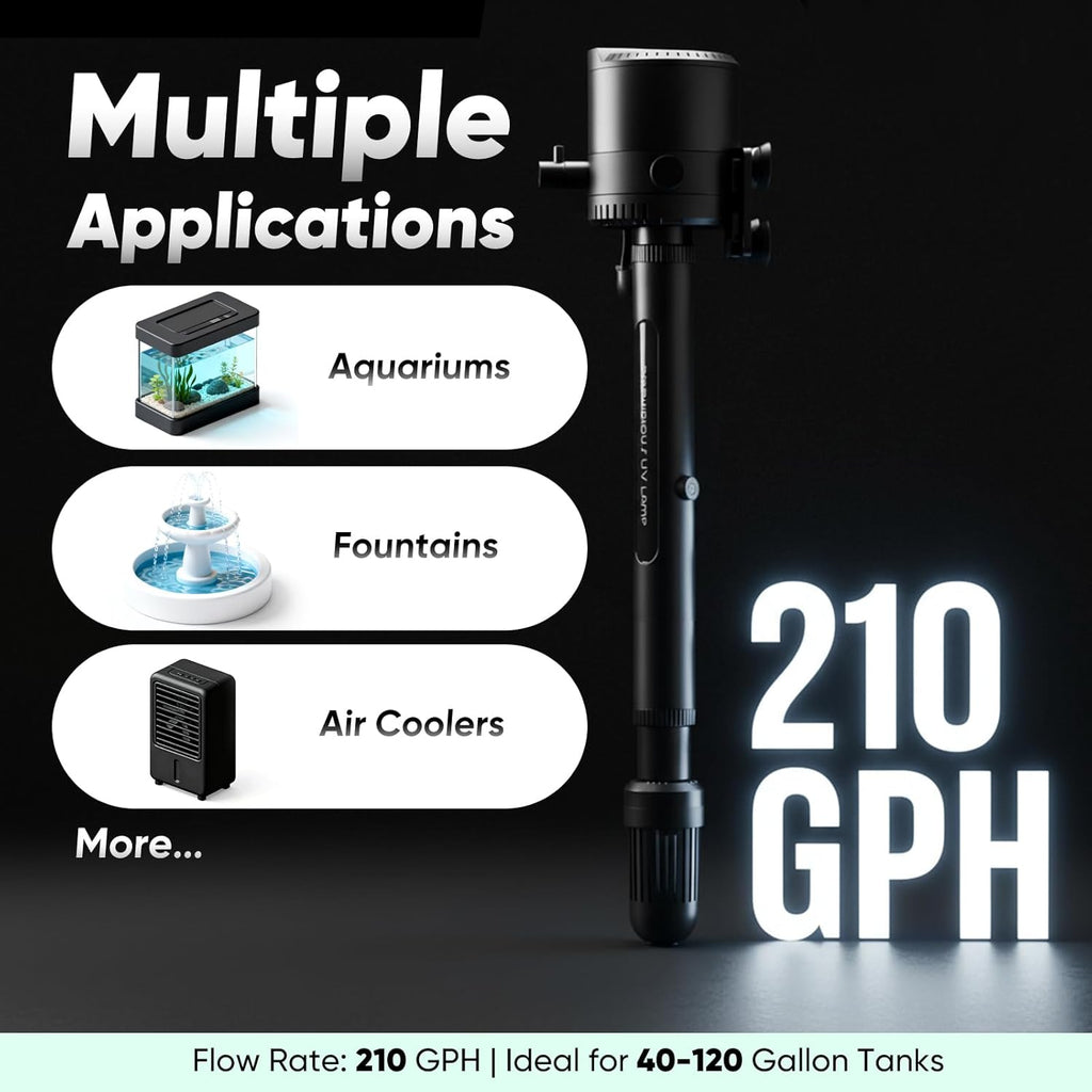 Aquarium Filter for 40–120 Gallon Tanks, 210 GPH Internal Pump, Sponge Filtration, Quiet Small Turtle Tank Filter