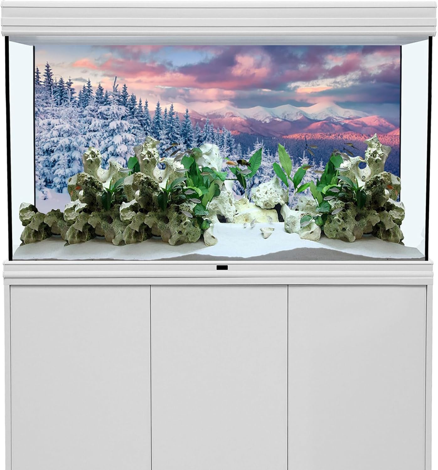 YongFoto Winter Snow Scene Fish Tank Background 60x24 inch Snowfield Pine Forest Rime Sunglow Rosy Clouds Polyester Backdrop Reptile Terrarium Aquarium Bearded Dragon Habitat Background
