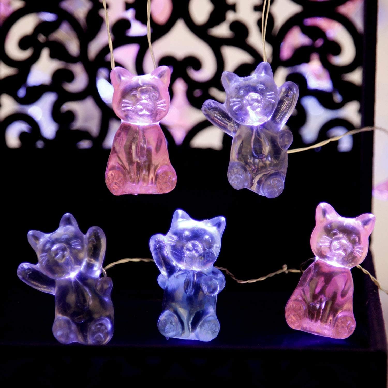 10FT 30LEDs Cat String Lights - Pink Blue Gray Cat Decor - Lovely 3D Cute Cat Design - Battery & USB Powered - Remote Control - Perfect for Pet Lovers Birthday Gift - Ideal Fairy Lights for Indoor