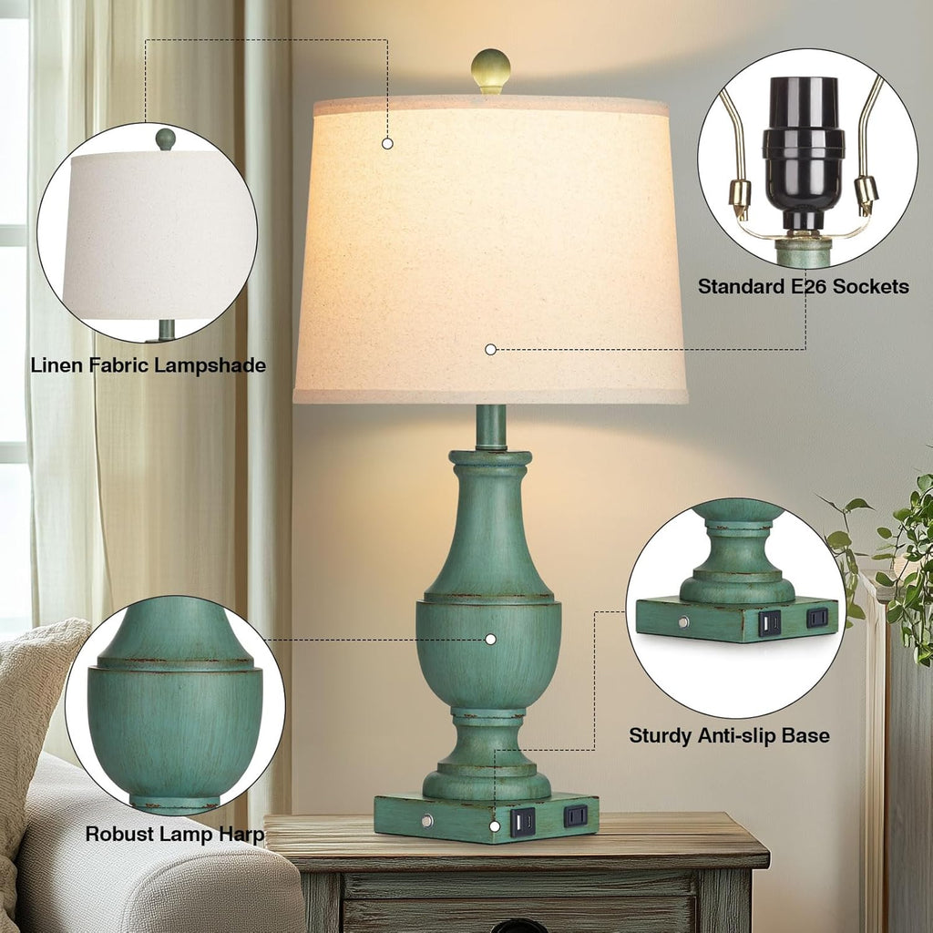 Farmhouse Table Lamp Set of 2, Rustic Touch Control 3-Way Dimmable Lamps with USB A+C Charging Ports & AC Outlet, Vintage Retro Antique Bedside Lamp for Living Room Bedrooms Nightstand Green