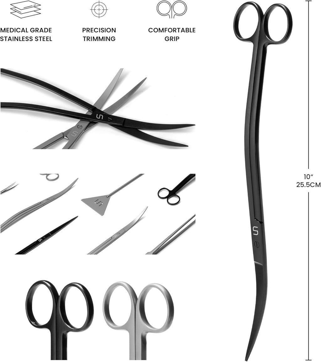 UNS Aquascaping Tools - Stainless Steel, Rust Resistant, Freshwater Planted Tank, Saltwater Reef Aquarium Maintenance Accessory - Trimming Stems & Carpets, Coral Cutting - Wave Scissors, Black