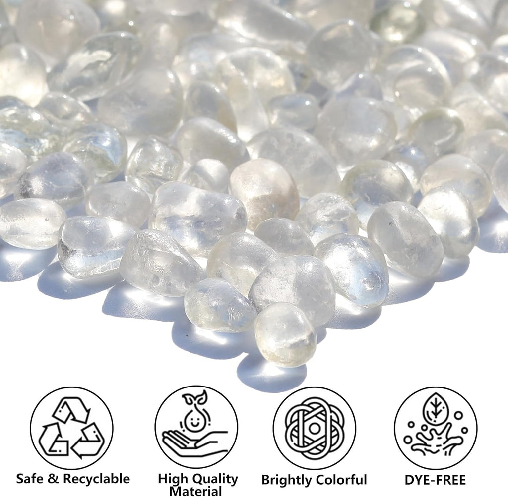 Sea Glass Stones - White Clear Glass Pebbles Gemstones - Perfect for Aquarium Rocks, Fish Tank Gravel, Vase Fillers, DIY Crafts, and Home Decor (0.9LB/14oz)