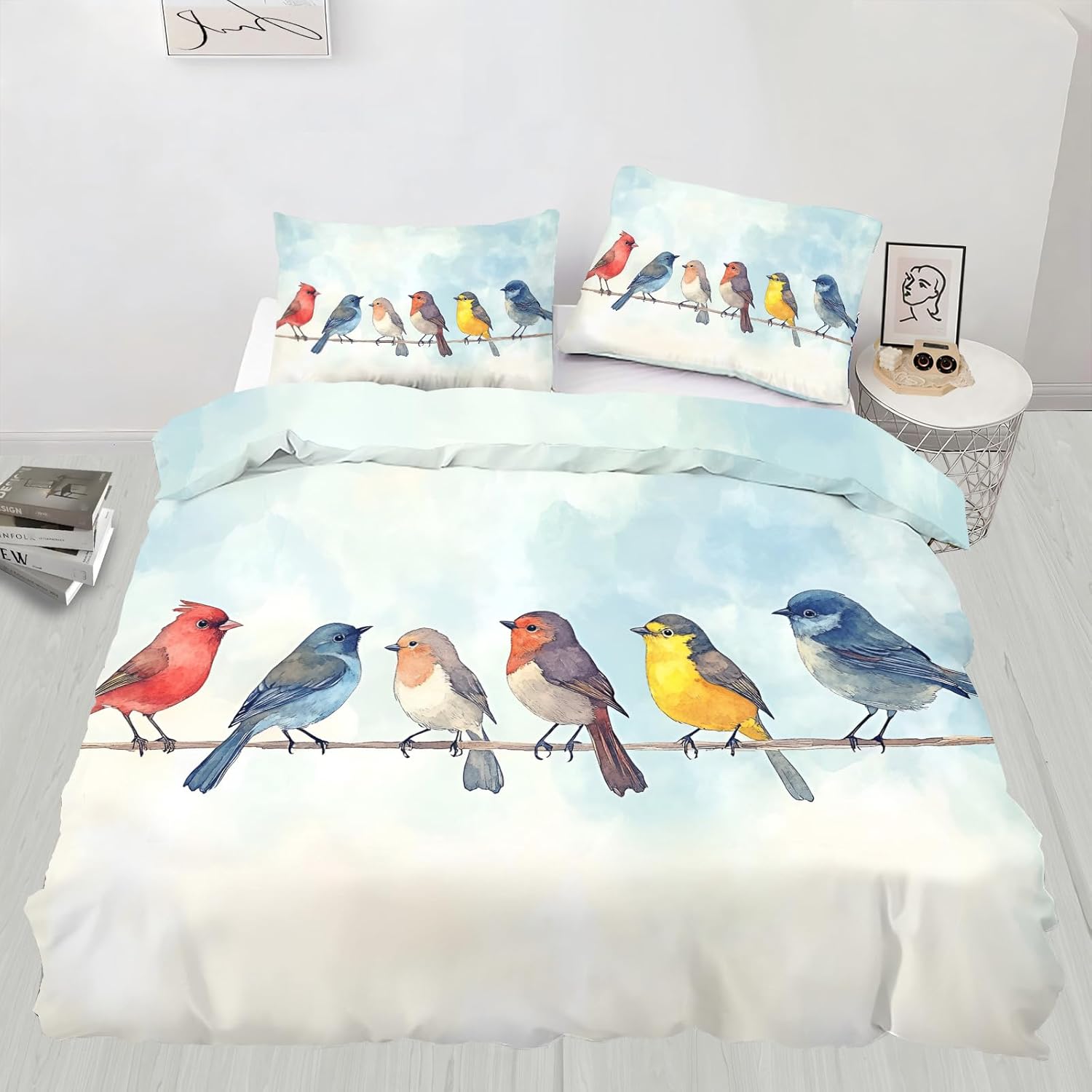 Bird Duvet Cover Full Size, Rustic Cardinal Birds Bedding Set 3 Piece Bedroom Decor Ornithology Avian Animal Comforter Cover and 2 Pillow Sham with Zipper Closure