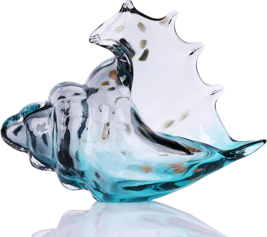 Hand Blown Glass Conch Statue, Gray Glass Art Figurine, Conch Shell Coastal Home Decor, Living Room TV Stand and Bookcase Decor, Bathroom Shelf top and Cabinet Decor.