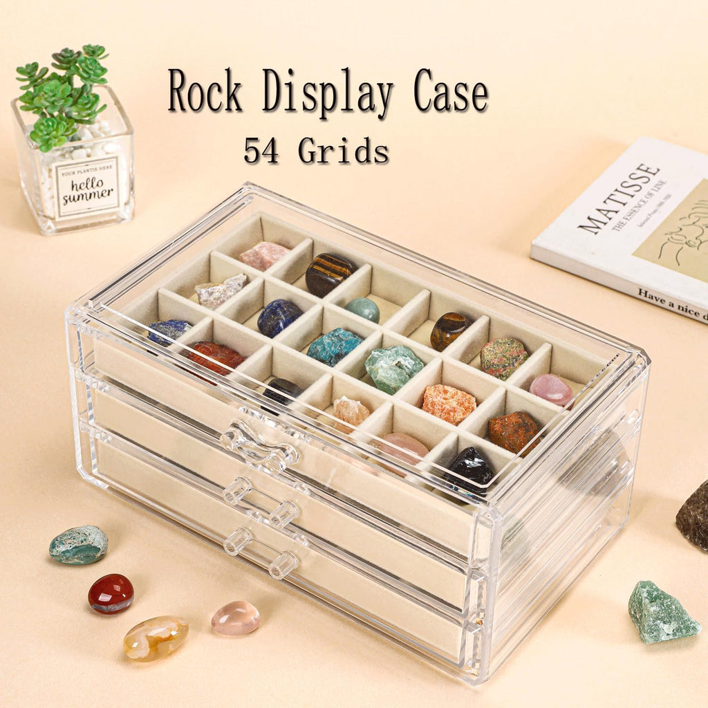 Acrylic Rock Collection Display Case with 54 Grids Storage Compartments Rock Collection Boxes Display Organizer Collection Storage Display Cases for Collectibles Crystal /Rock（Beige）