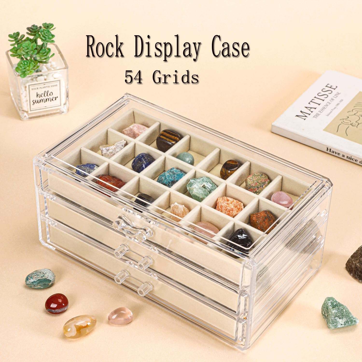 Acrylic Rock Collection Display Case with 54 Grids Storage Compartments Rock Collection Boxes Display Organizer Collection Storage Display Cases for Collectibles Crystal /Rock（Beige）